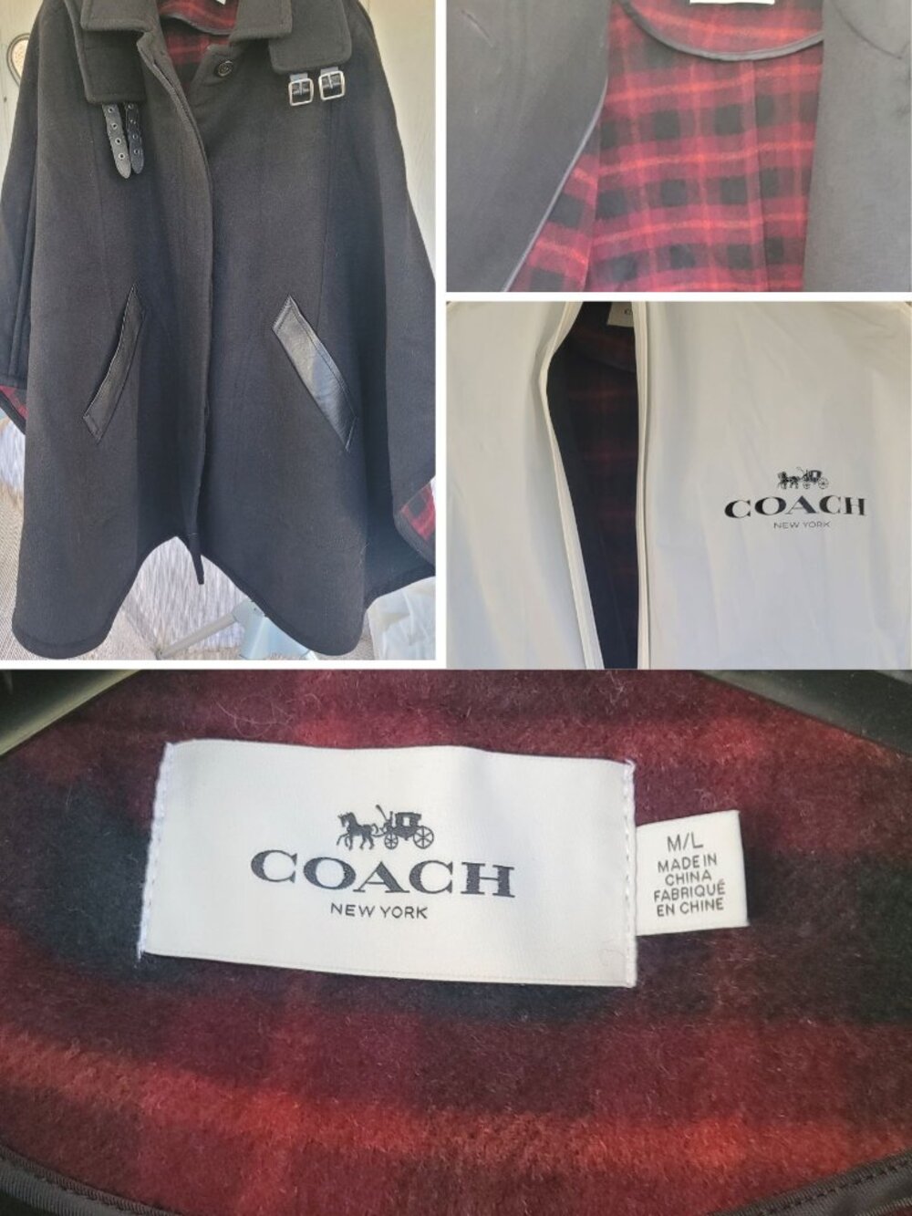 COACH Wool Blend Cape Coat Plaid Lining Leather Trim Black Hooded M/L F18030